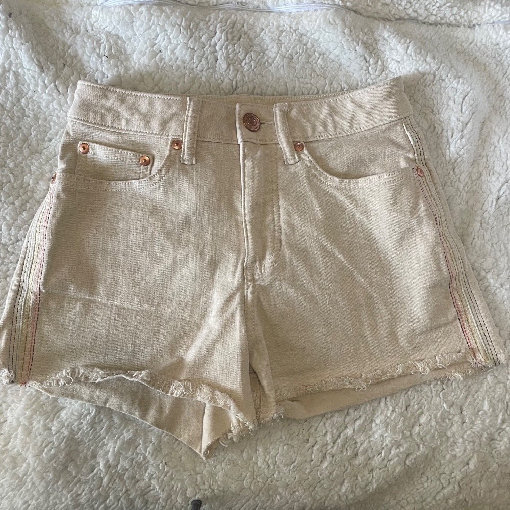 LC Lauren Conrad cream Denim Shorts Rainbow Detail Frayed Hem Casual Beige Sz‎ 2